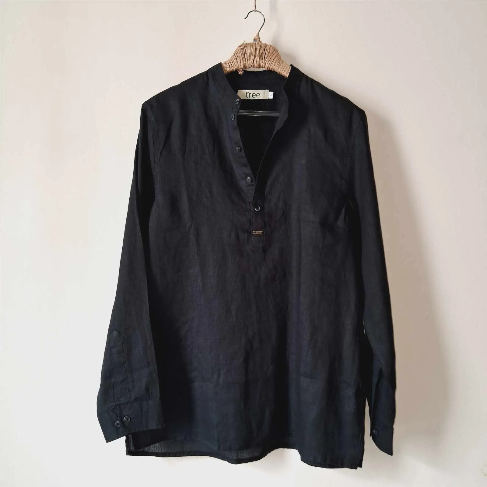 Black Premium Linen Henley Shirt