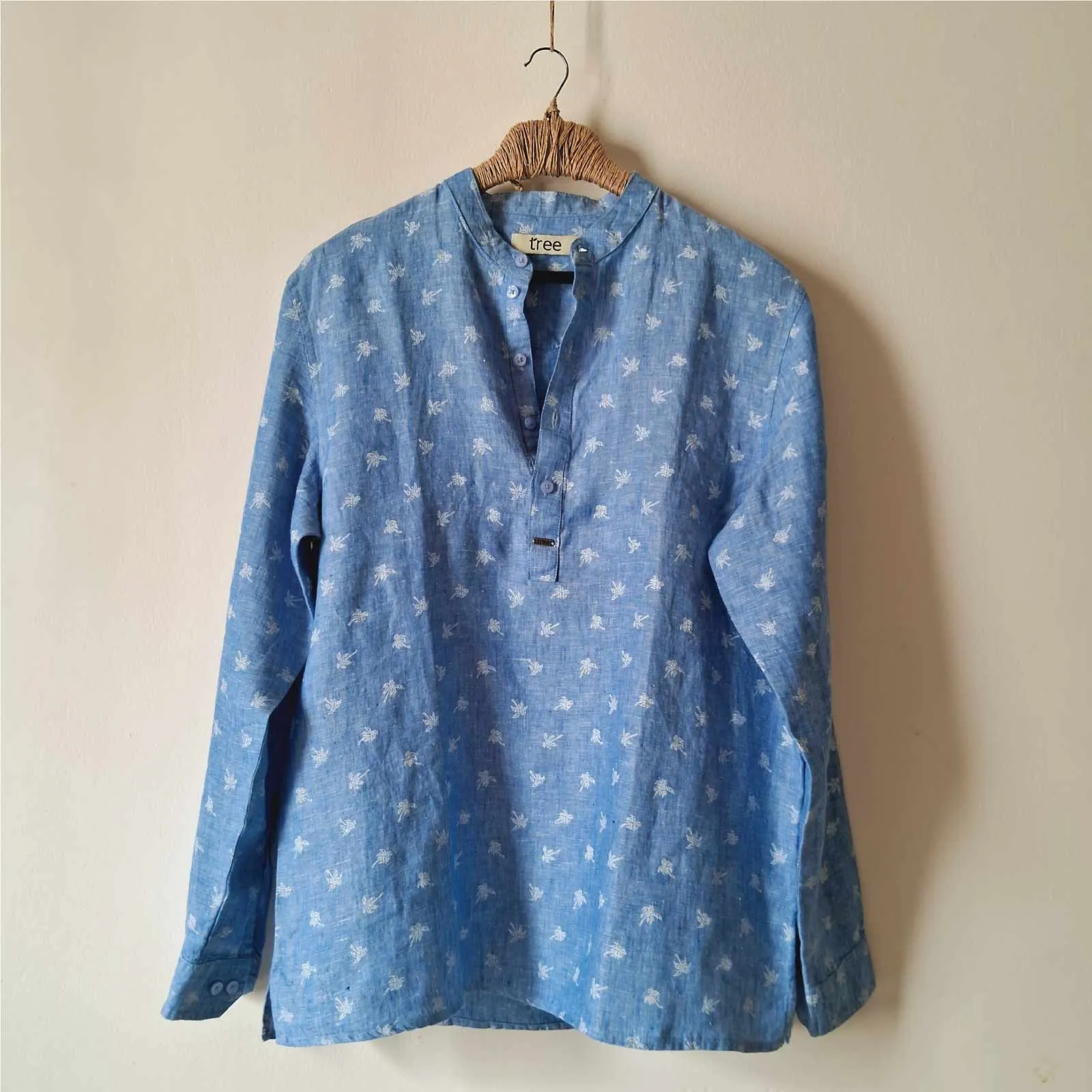 Sky Blue Print Premium Linen Henley Shirt