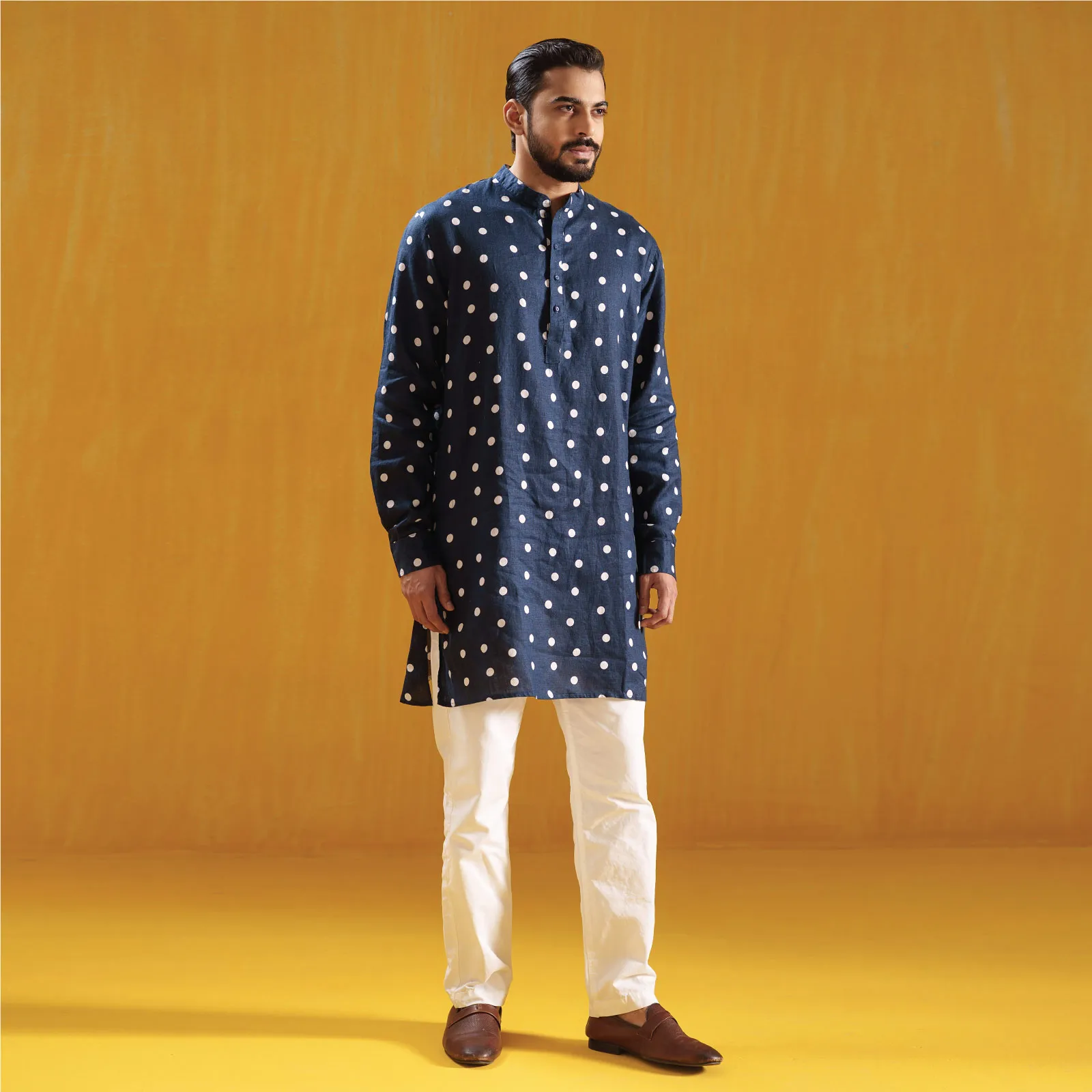Midnight Blue Polka Dot Premium Linen Panjabi