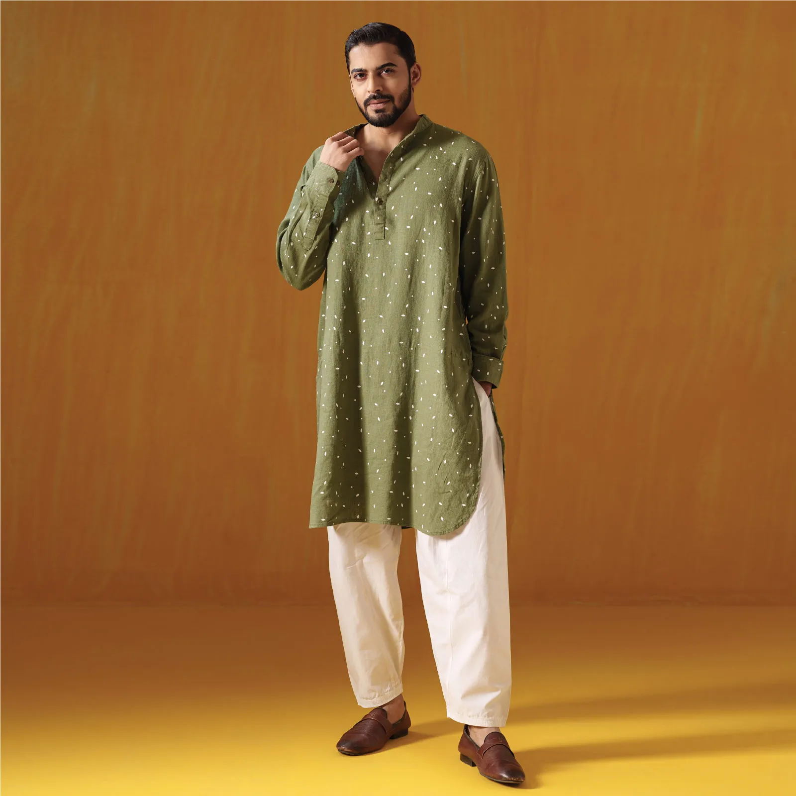Olive Green Linen Ramie Blend Kabli Panjabi
