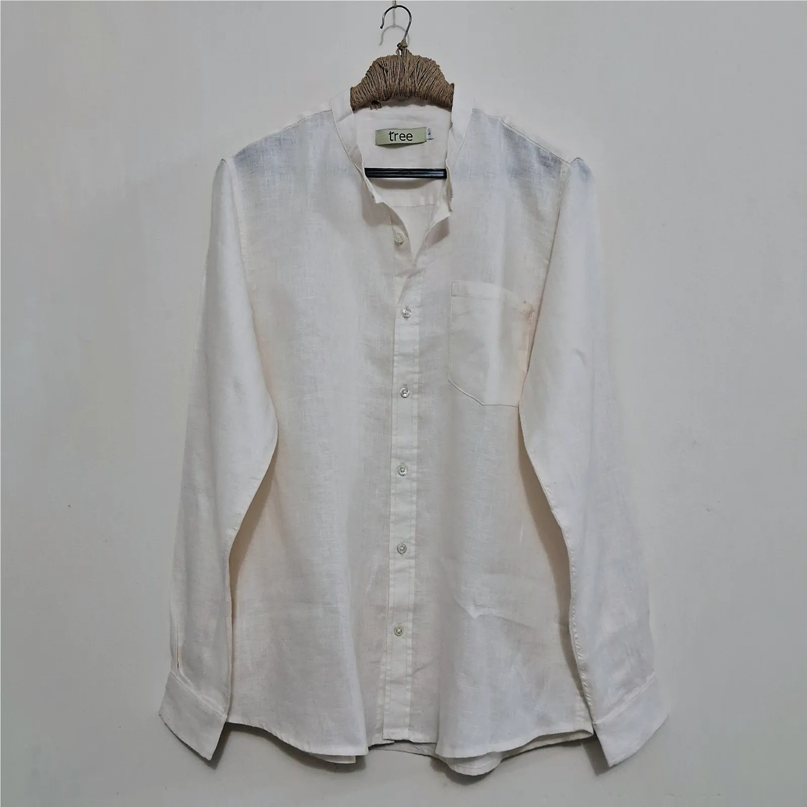 Creamy White Premium Linen Mandarin Collar Shirt