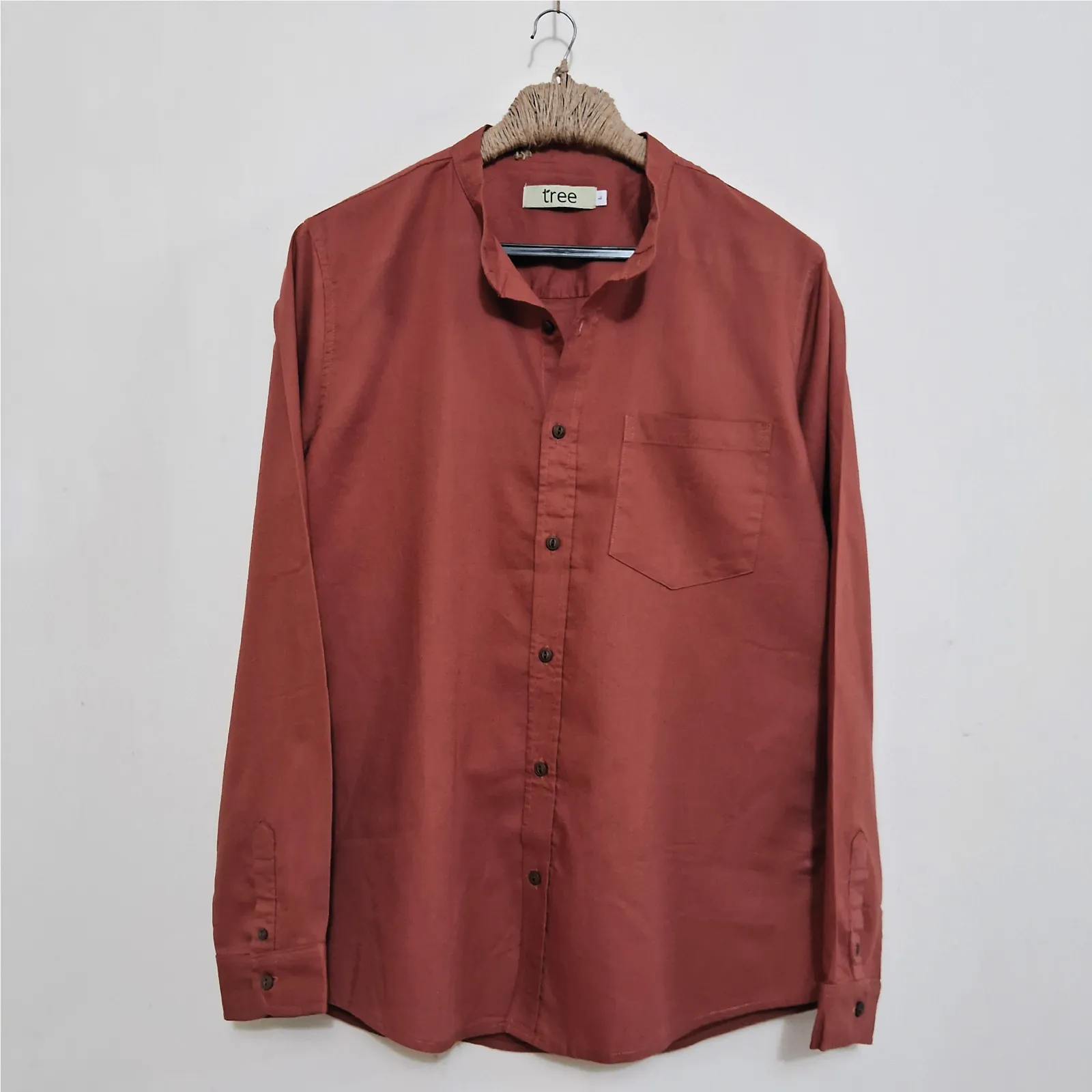 Terracotta Red Dobby Cotton Mandarin Collar Shirt